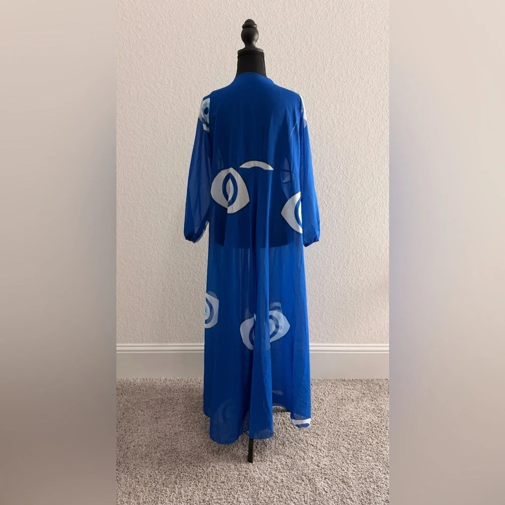 V-Neck Deep Blue Sheer Evil Eye Maxi Cover-Up Long Sleeve Ruched Cuffs Lace Bow